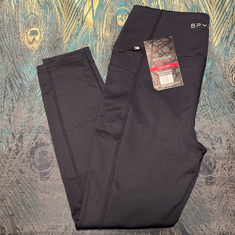 NWT Spyder Active Women's High Rise Tech Fleece Lined Navy Blue Leggings Sz L